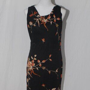 Midi Zipper Back GUC Size 8 Black Dress Fall Floral Built in Slip